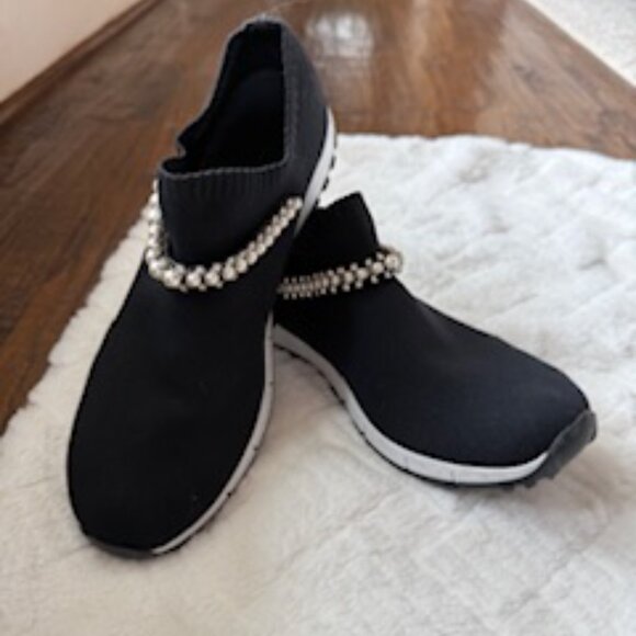 Jimmy Choo Verona Black Knit Trainers with Pearl/Crystal  Jimmy Choo Verona embellishment slip-on sneakers